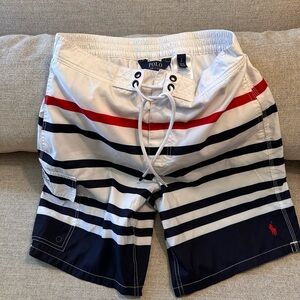 VTG Polo Ralph Lauren Men's Striped Swim Trunks Navy/White/Red Small